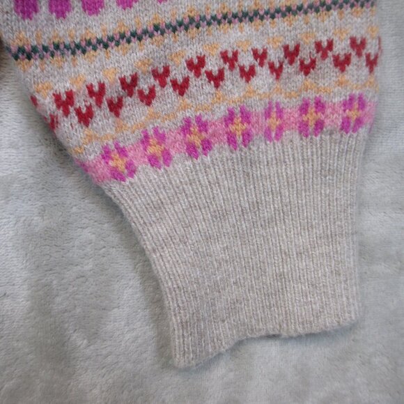 J. CREW Puff-Sleeve Fair Isle Crewneck Sweater Cherry Print Tan Pink Sz Large - Picture 7 of 12